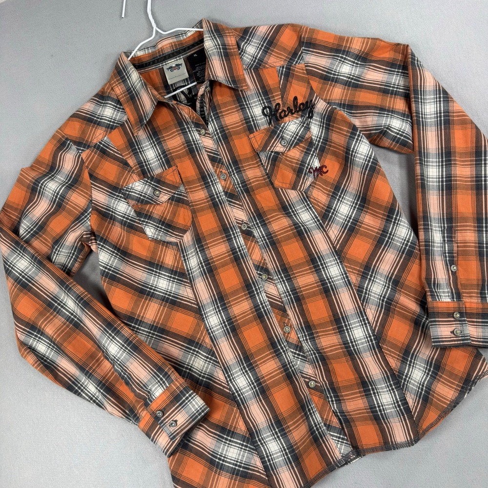 Harley-Davidson Womens XL Plaid Button Down Shirt Orange Black Rhinestone Logo